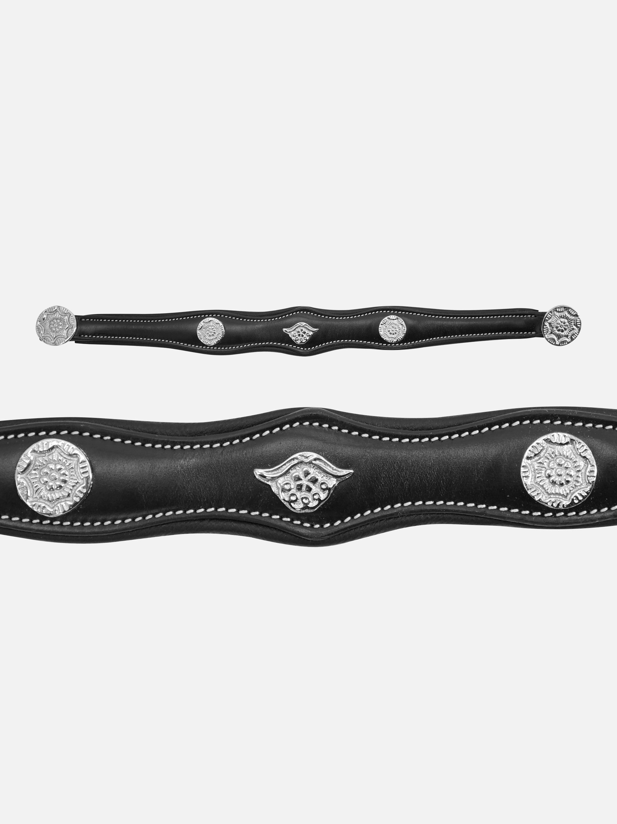 Stirnband Isabella in Schwarz mit weißen Kontrastnähten, silberfarbenen Beschlägen und Ornamenten