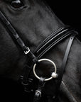 Detailfoto Trense Comfort Paris in Schwarz: Reithalfter mit schwarzem Lack am Pferd